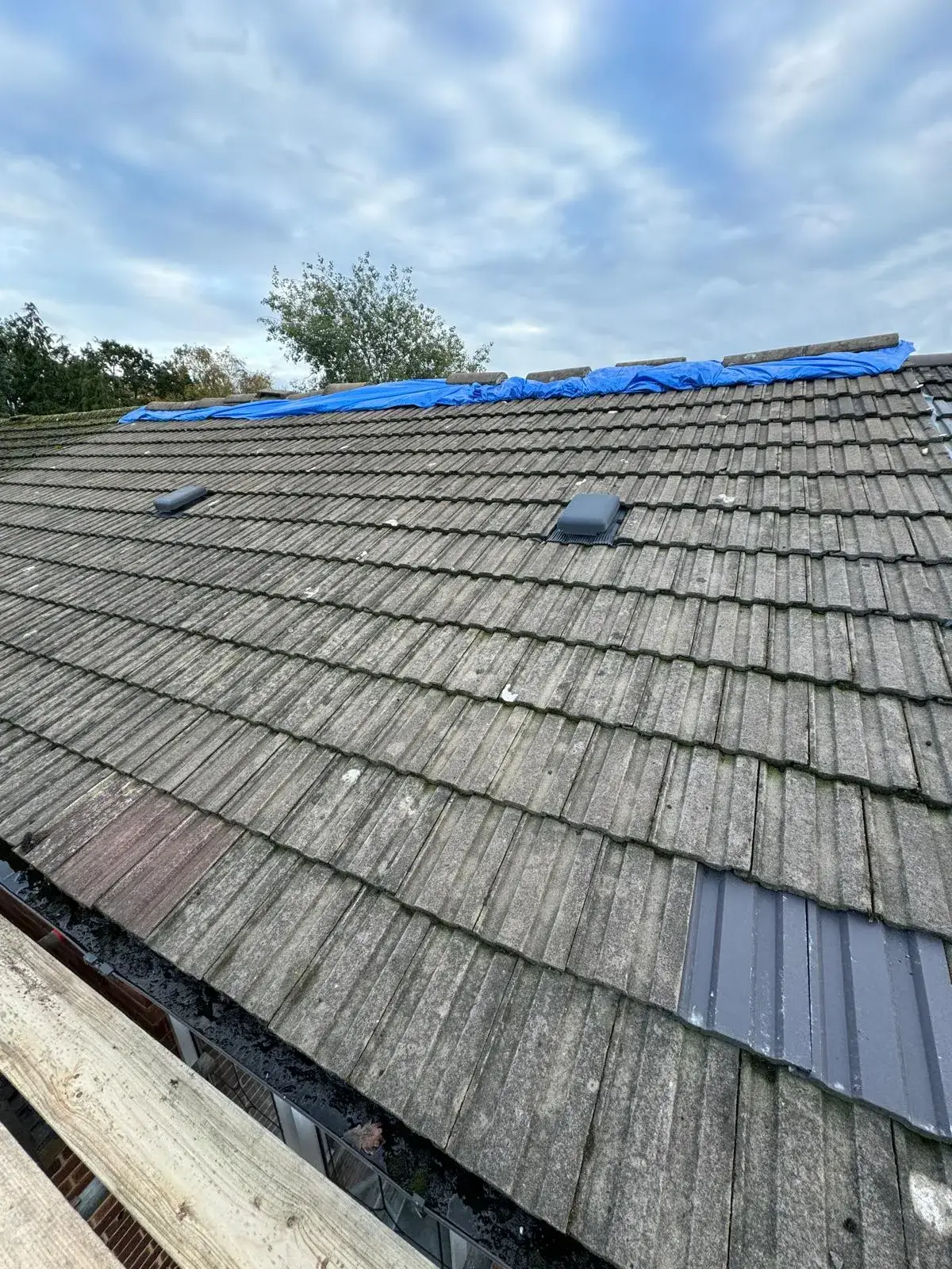 The roof of a house with a blue tarp on it.